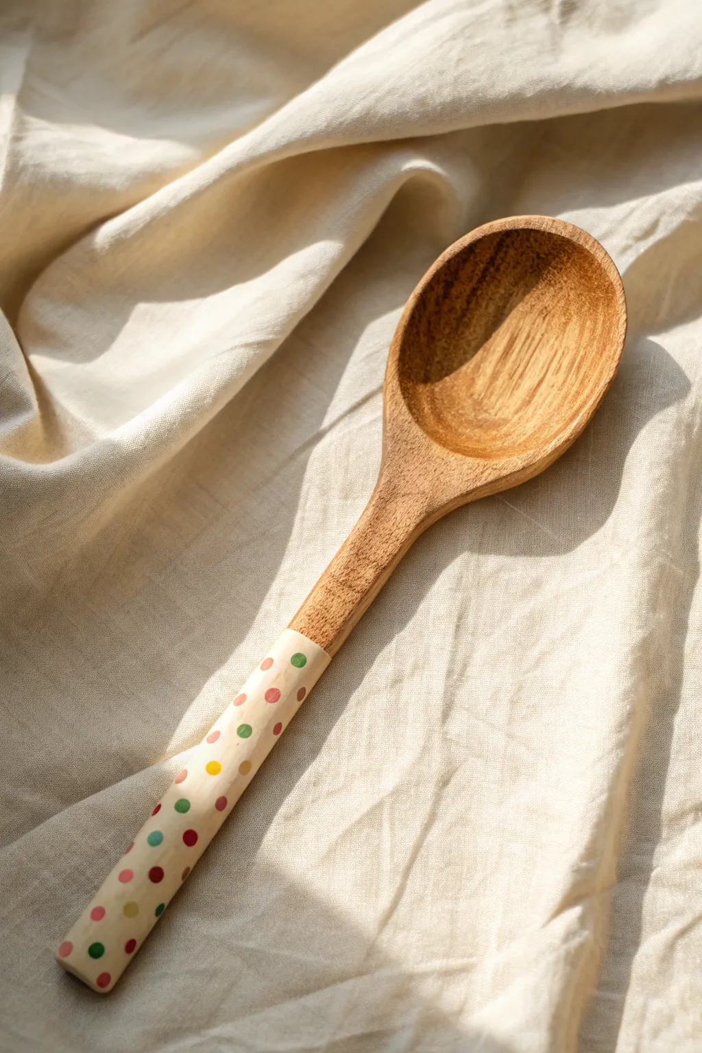 Classic polka dot handle on natural wood spoon for a simple, boho-minimal painting idea