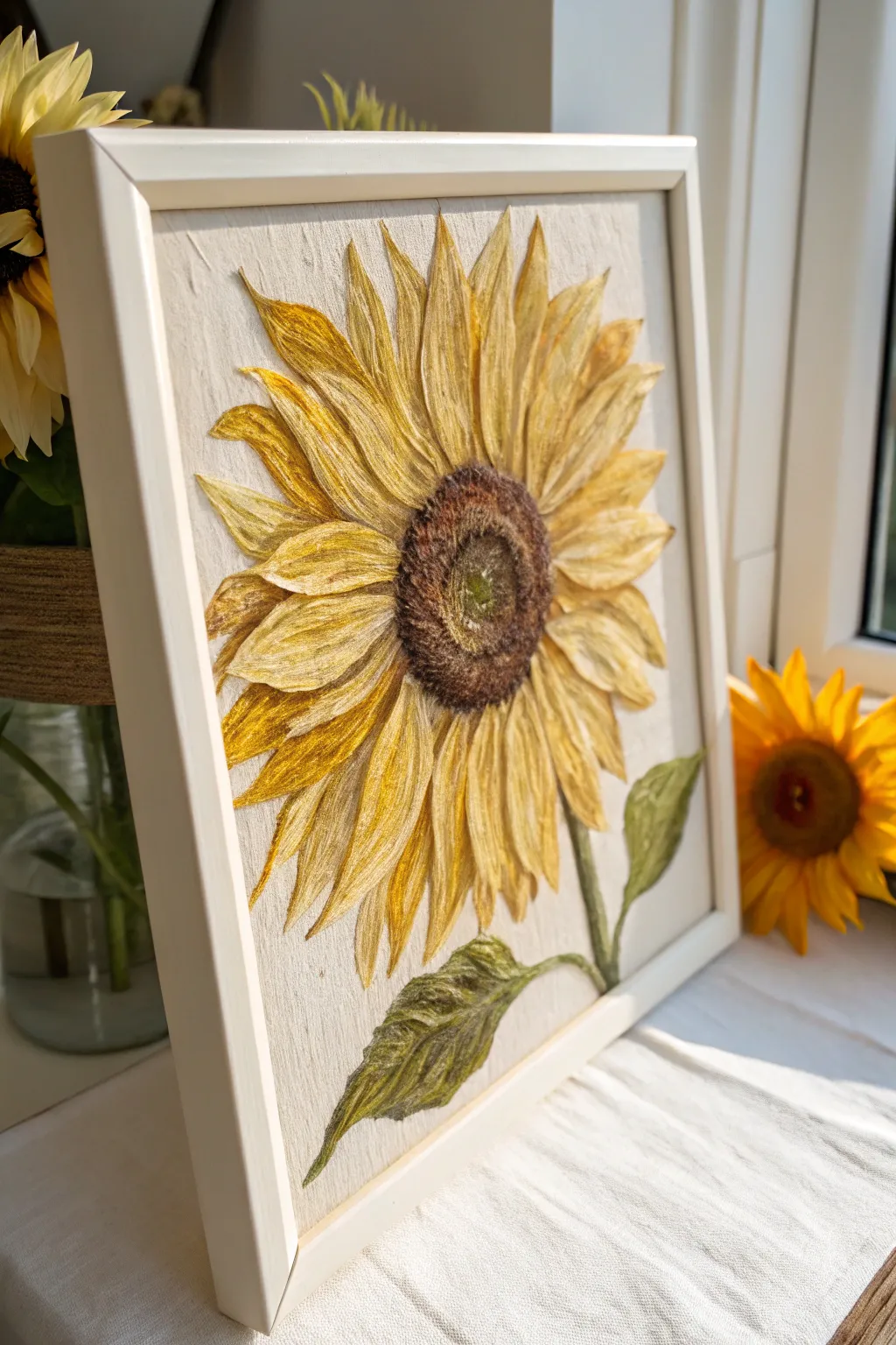 Sunflower close-up in buttery to golden yellows, chunky strokes, minimalist boho mood.