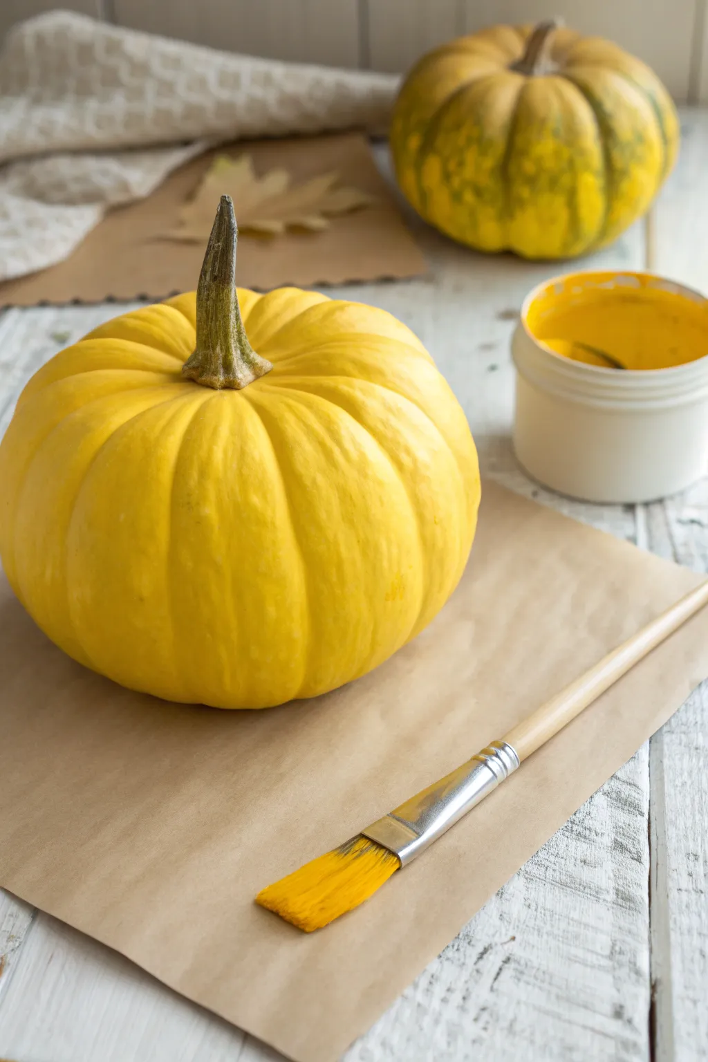 Classic bright yellow pumpkin with a smooth full-cover finish and fresh-painted craft vibe.