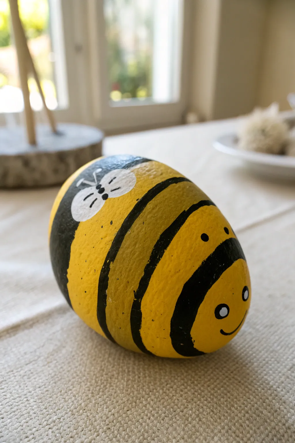 Classic bumblebee rock: sunny yellow with bold black stripes, sweet face, minimalist boho mood.
