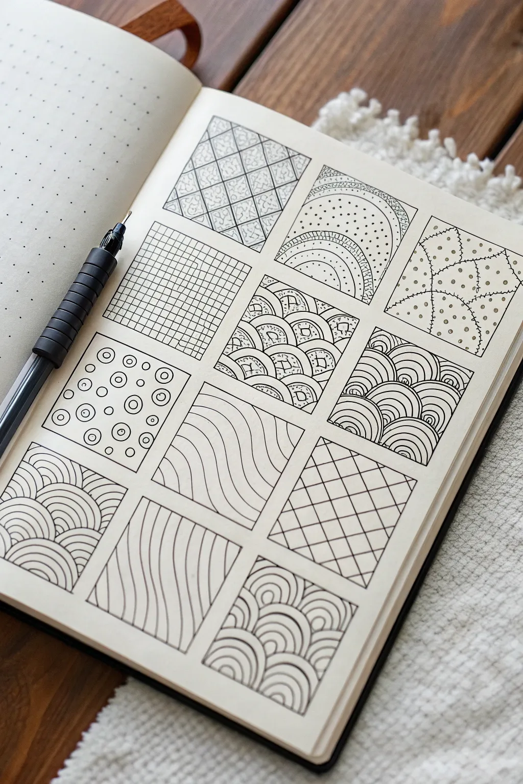 A beginner-friendly zen doodle grid: clean tiles of simple patterns in crisp black ink