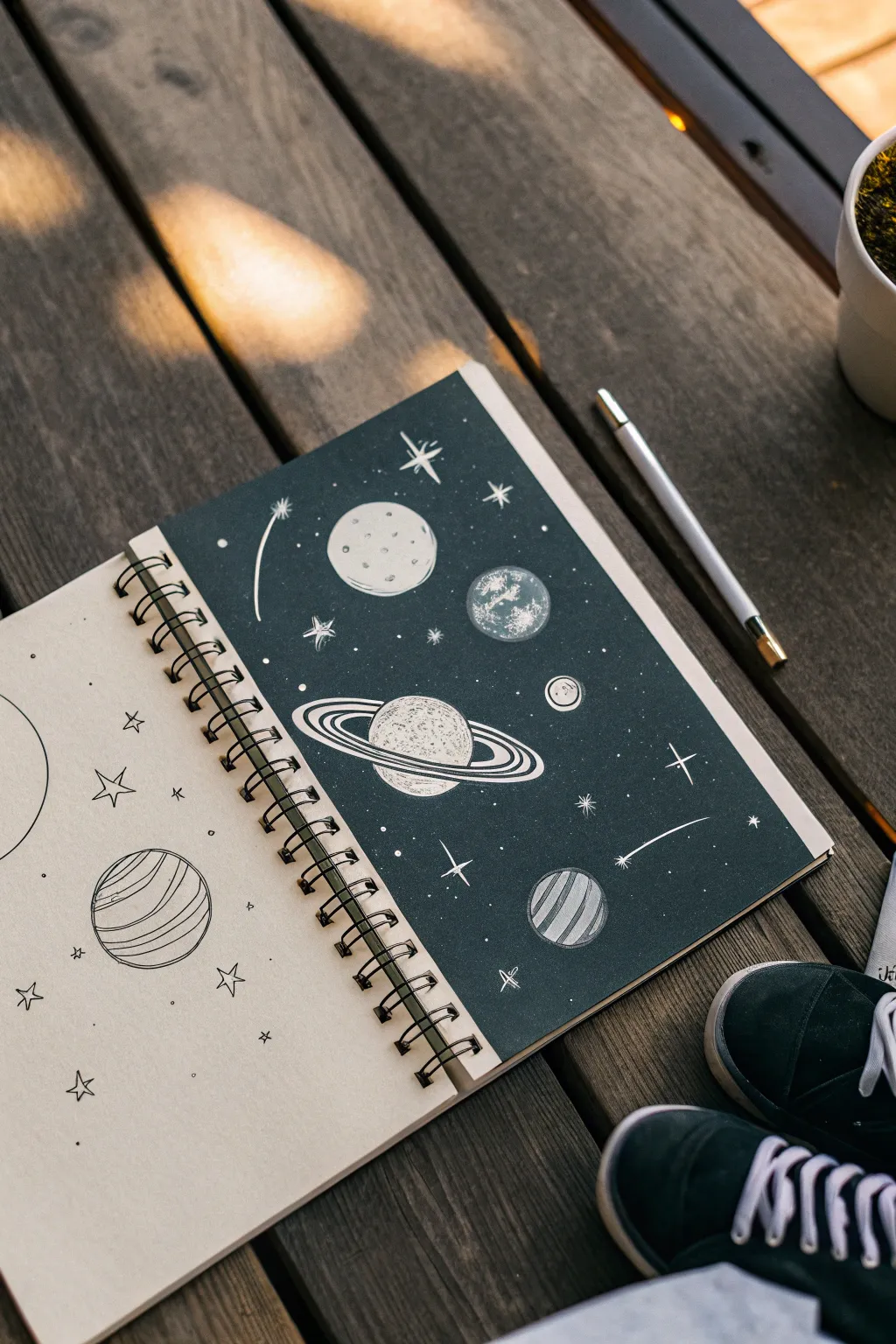 Dreamy space drawing page with bold planets, soft blending, and crisp stars on a dark sky