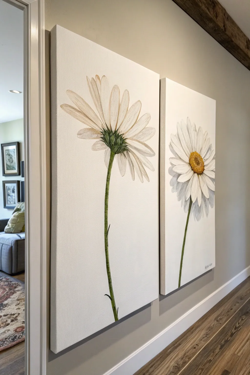 Minimalist diptych canvas with one daisy stem crossing both panels for a calm boho look