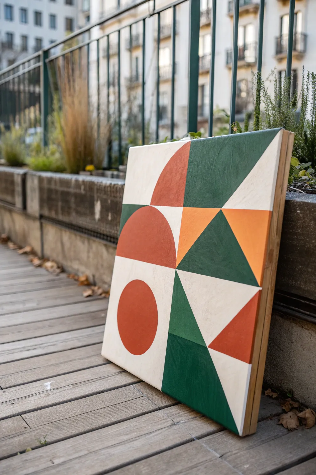 Geometric three-color blocks in forest green, terracotta, and ivory for a clean modern look at home