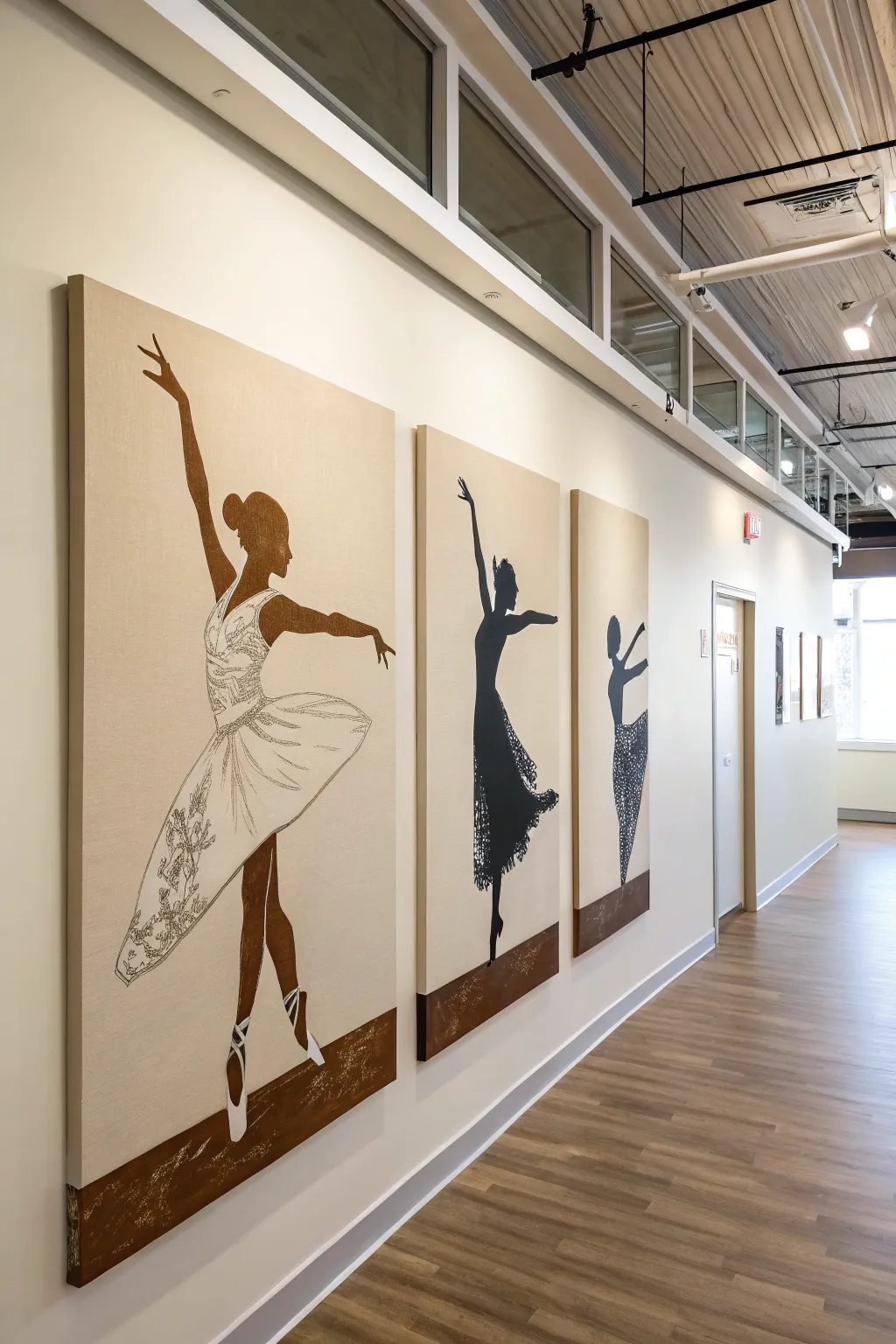 Minimalist dancer triptych in motion, Scandinavian calm with a repeated terracotta accent.