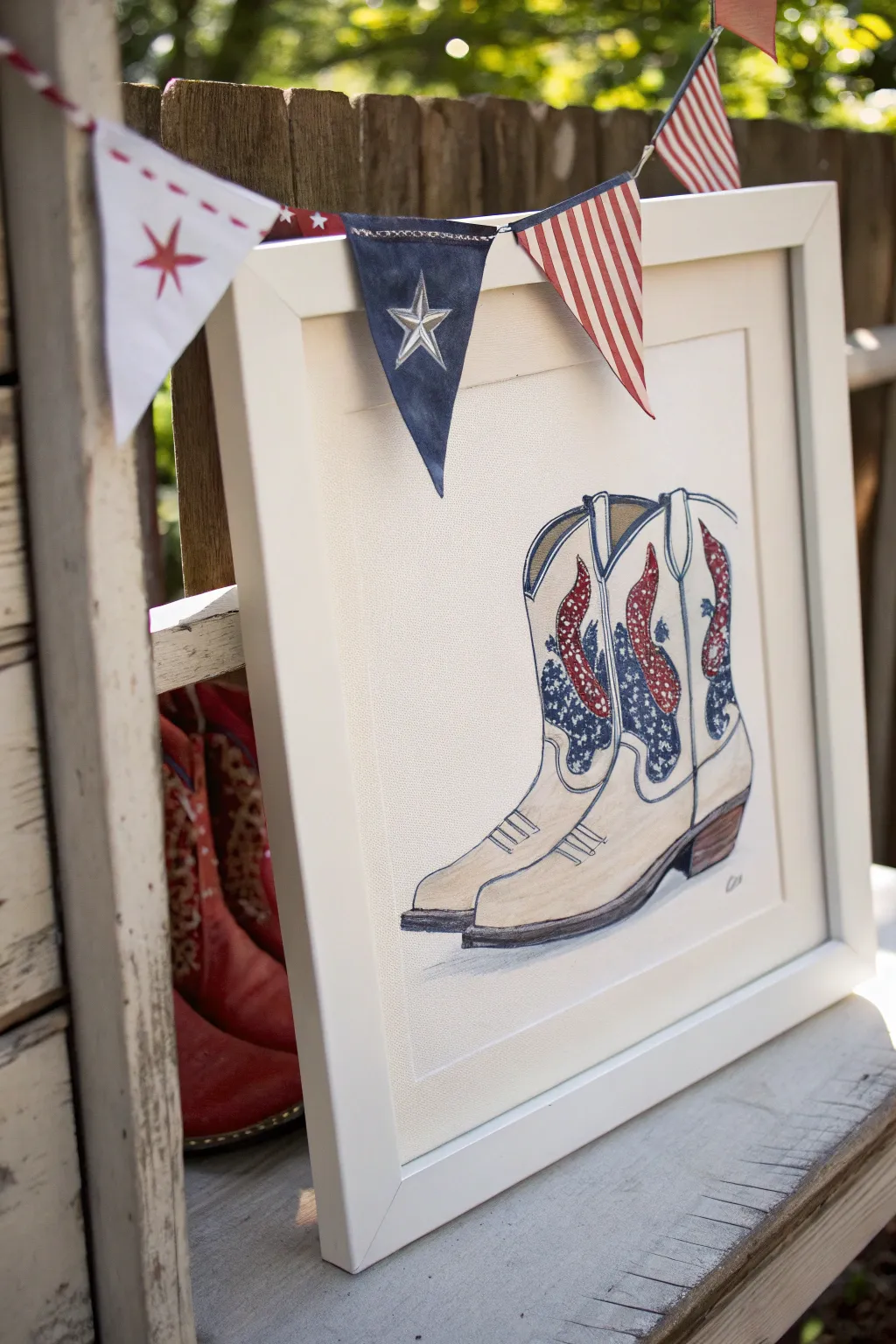 Minimalist parade boots with draped bunting, a chic 4th of July watercolor and ink idea