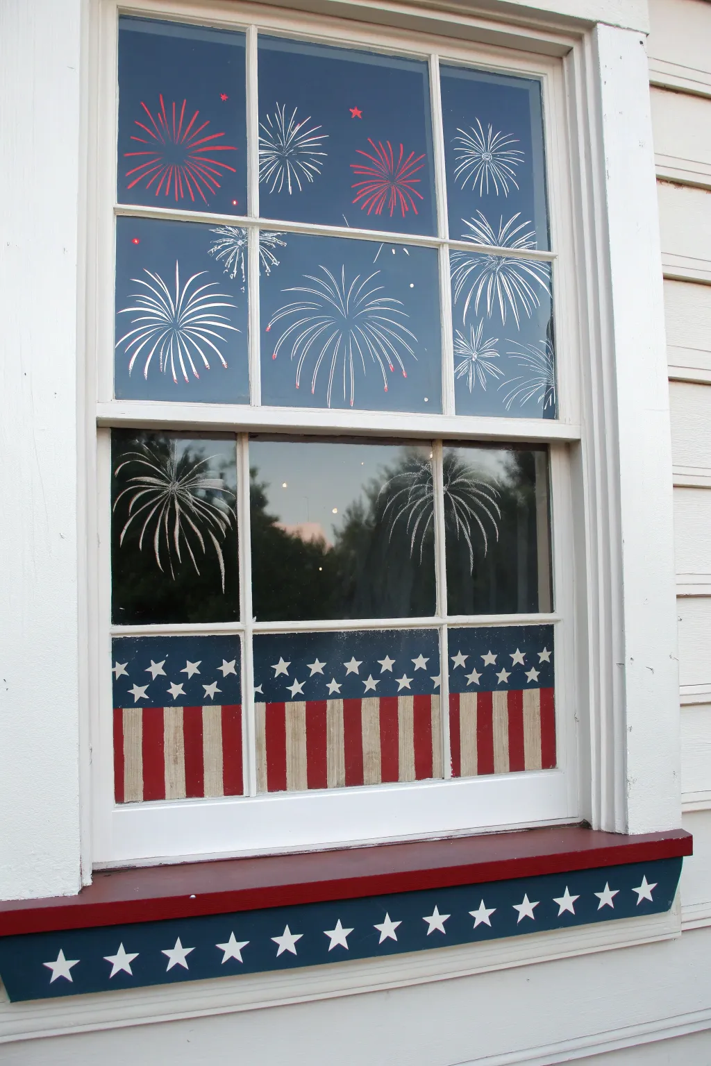 Minimal 4th of July window border with marching rockets and firecrackers in red, white, blue