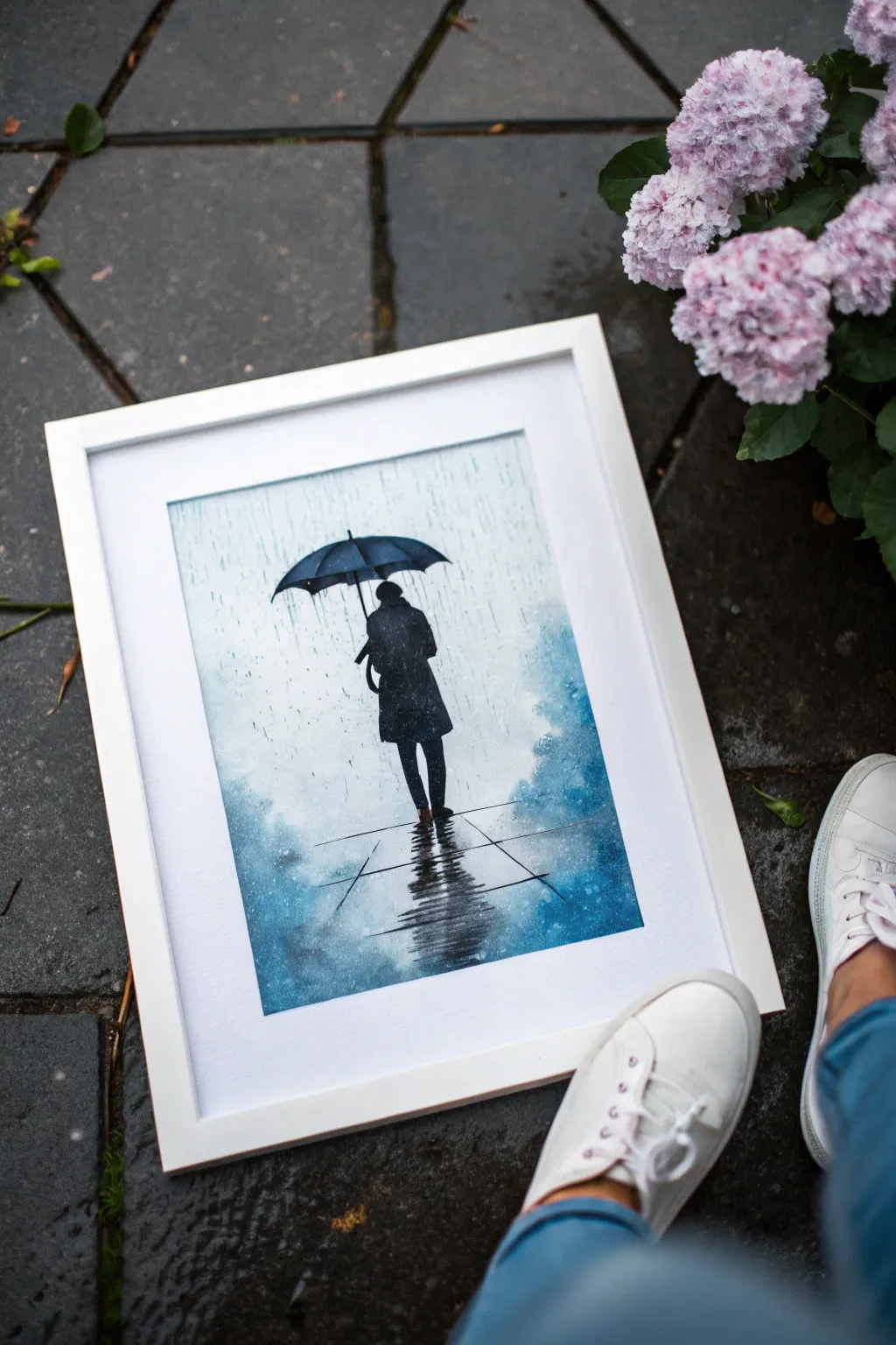 Minimalist umbrella silhouette on a rainy wet-on-wet wash, perfect beginner watercolor inspo.