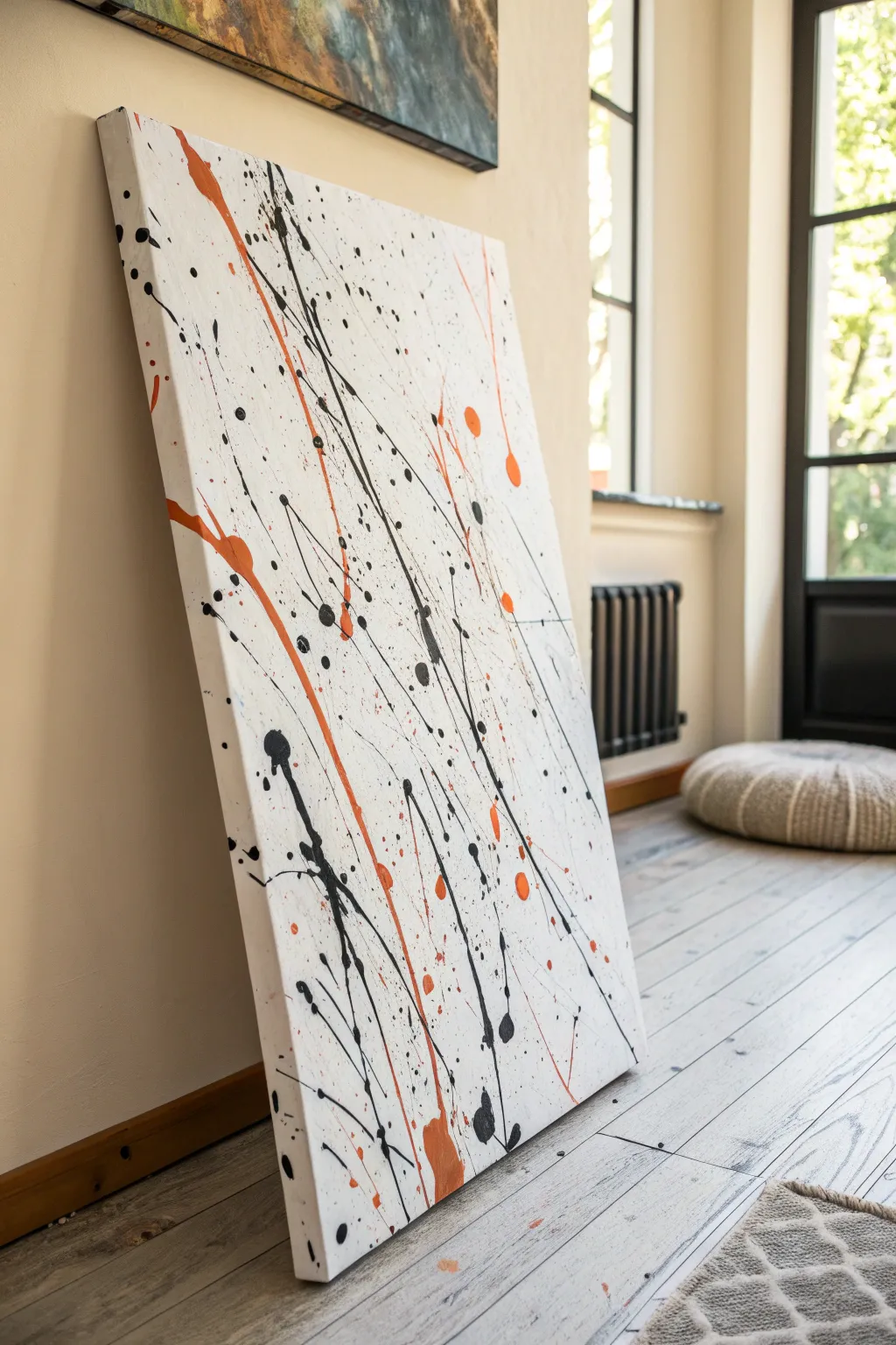 Controlled splatter and bold drips in black, white, and terracotta for modern abstract energy