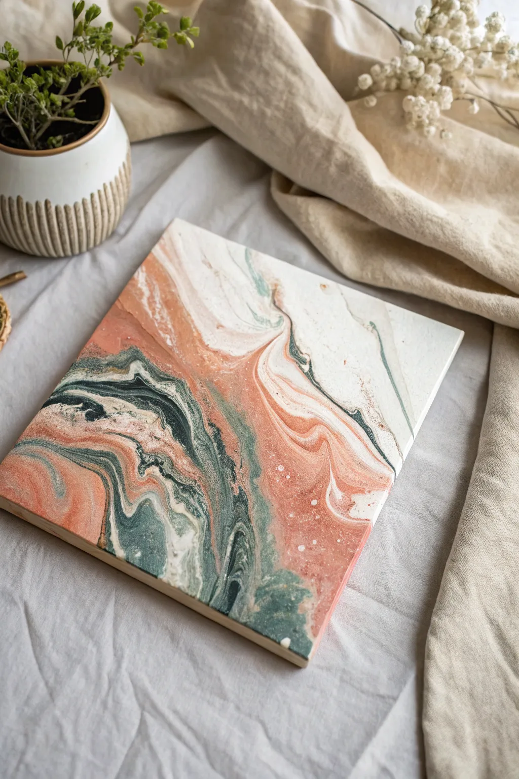 Minimal acrylic pour puddles melt into soft rivers on a clean canvas, calm boho palette.