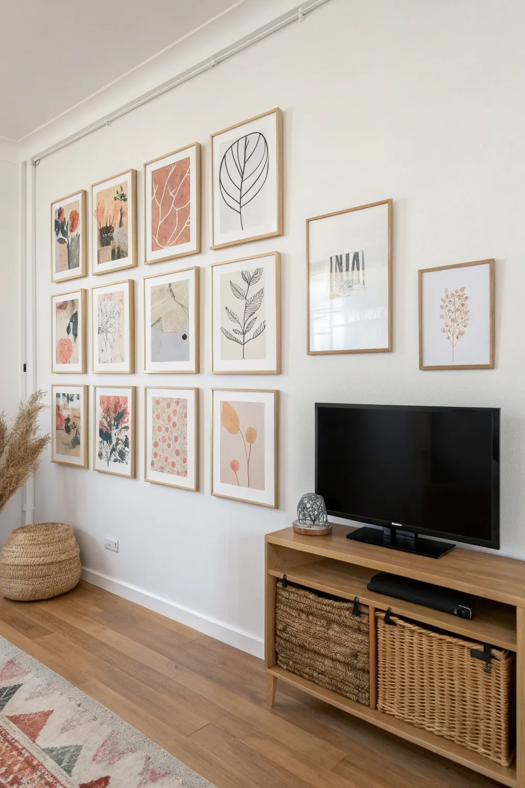 Curated mini abstract gallery wall near the TV, clean frames and soft boho Scandinavian tones