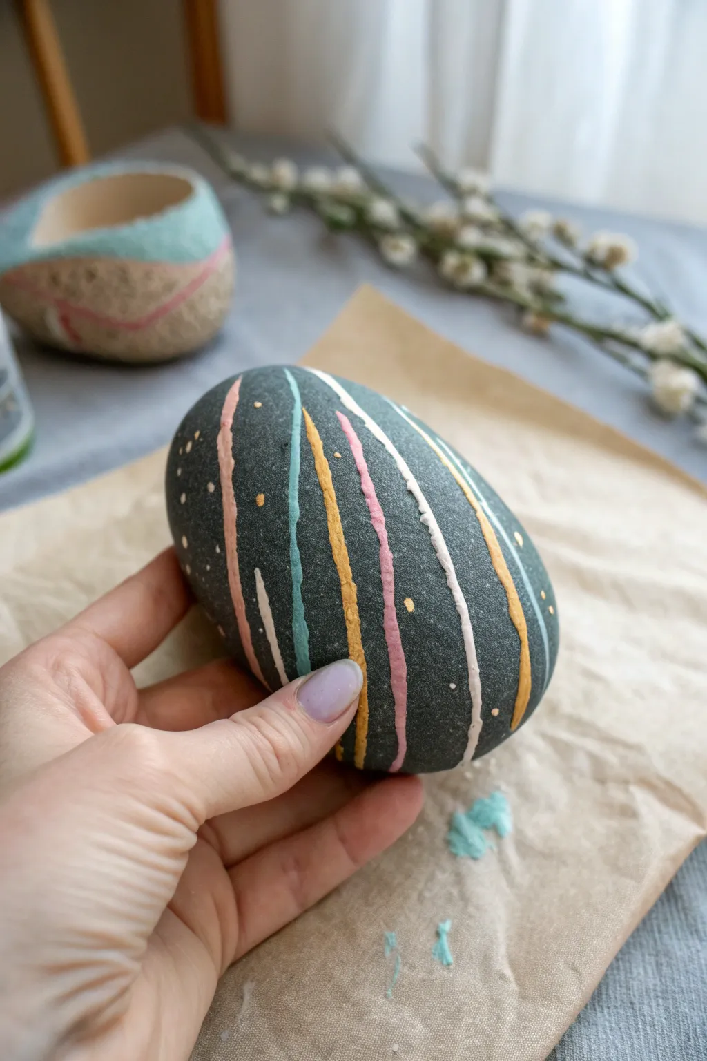 Create bold drip-line rock art: dark base, soft boho colors, simple Scandinavian vibe.