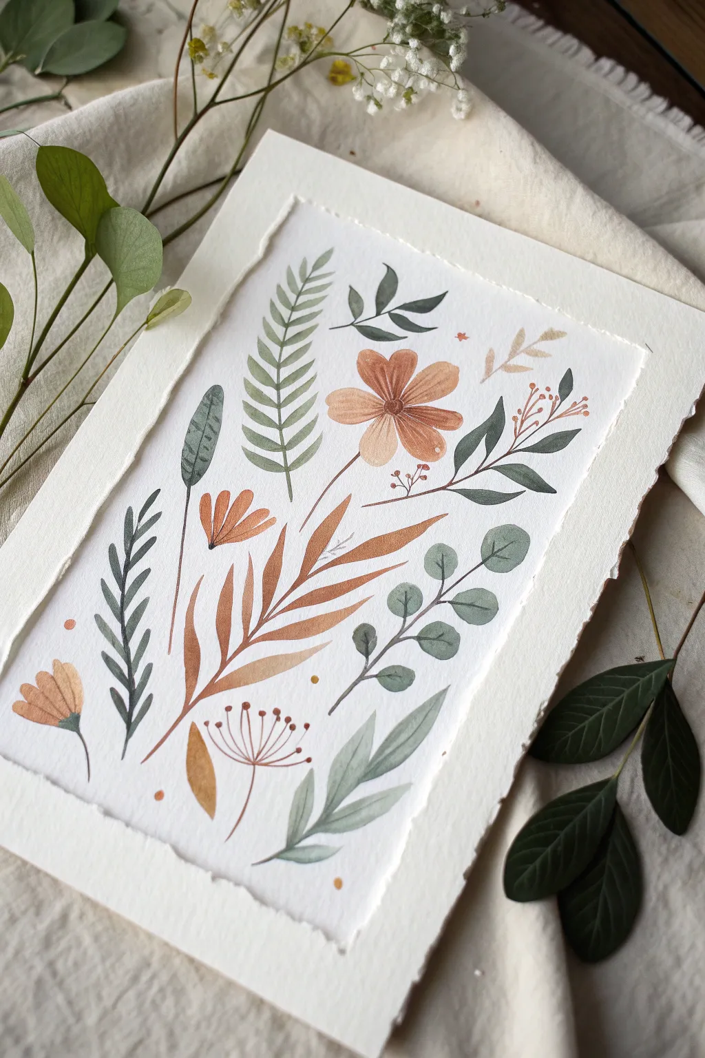 Abstract watercolor botanicals with loose leafy gestures, airy blooms, and calm minimalist contrast