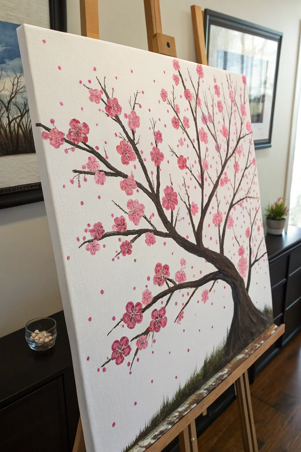 Minimalist cherry blossom acrylic with tactile dot blossoms on a dreamy sky-to-peach gradient
