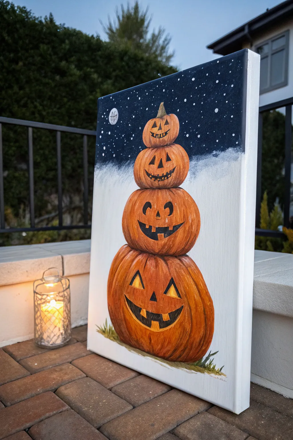 Minimalist acrylic jack-o-lantern stack with warm glow, perfect Halloween painting inspiration