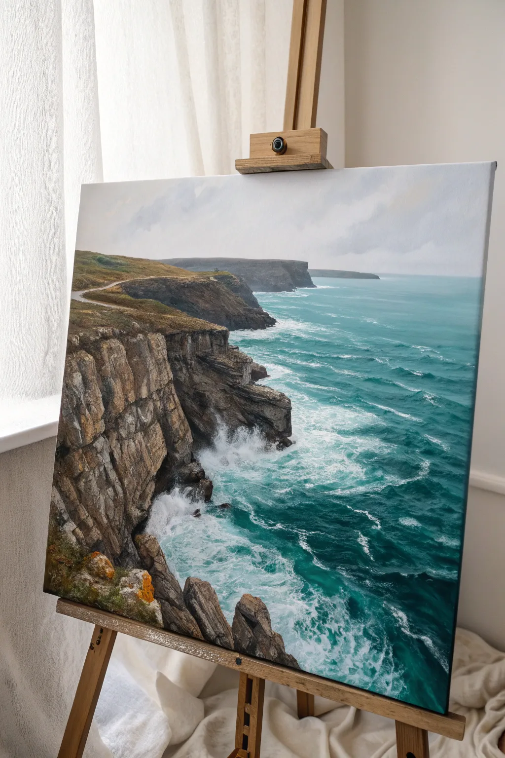 Impasto acrylic cliffs and crashing foam for a breezy coastal mood, minimal yet textured.
