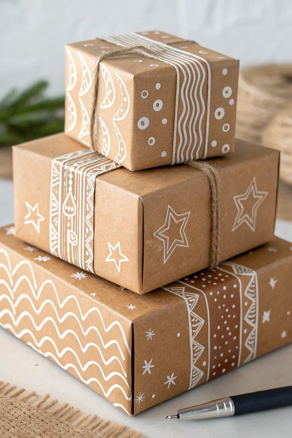Repeat-pattern gift boxes with acrylic paint pens, simple motifs you can finish in minutes.