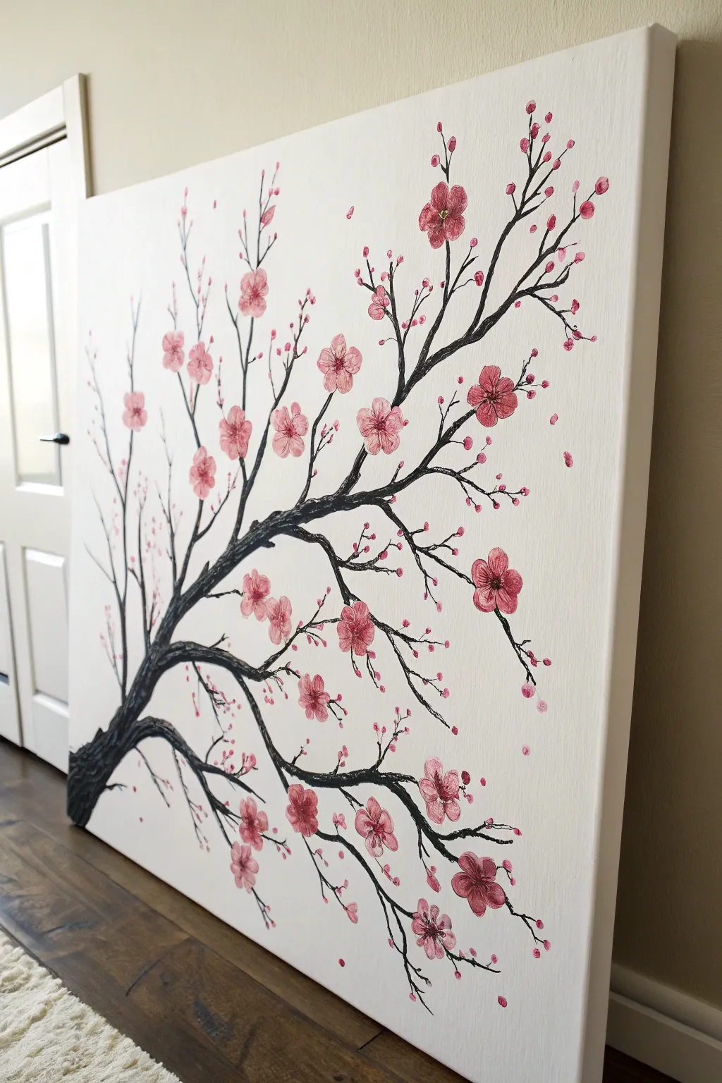 Minimal acrylic cherry blossoms: dark branches, soft pink dabs, a few petals drifting away.