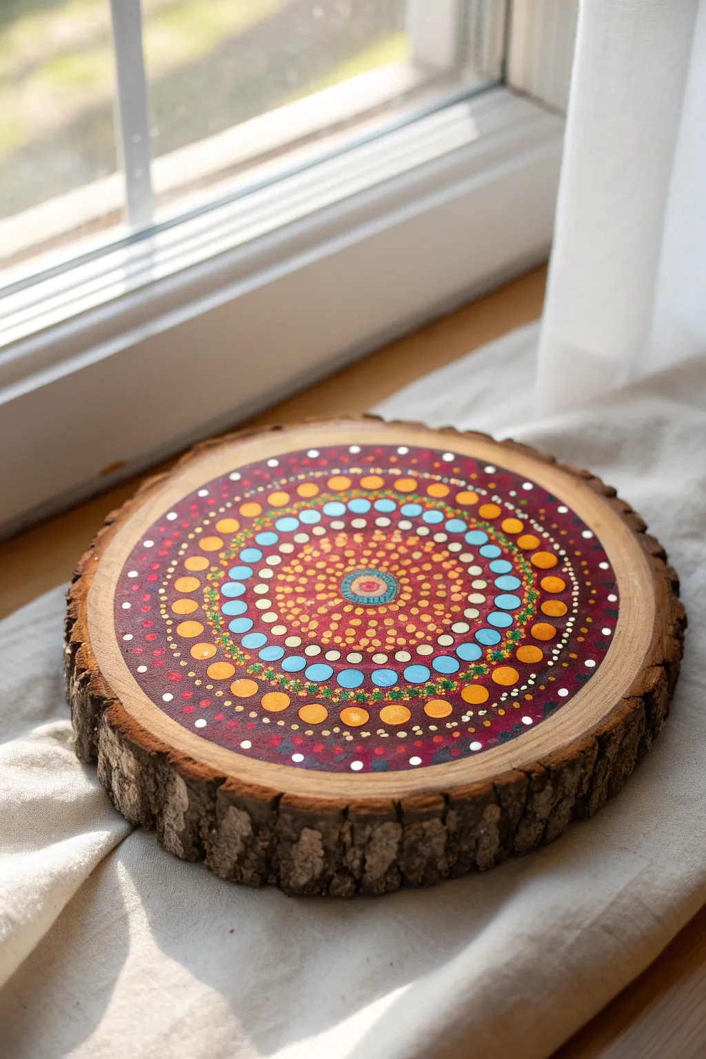 Colorful acrylic mandala dots on a wood slice, crisp symmetry set against natural grain.