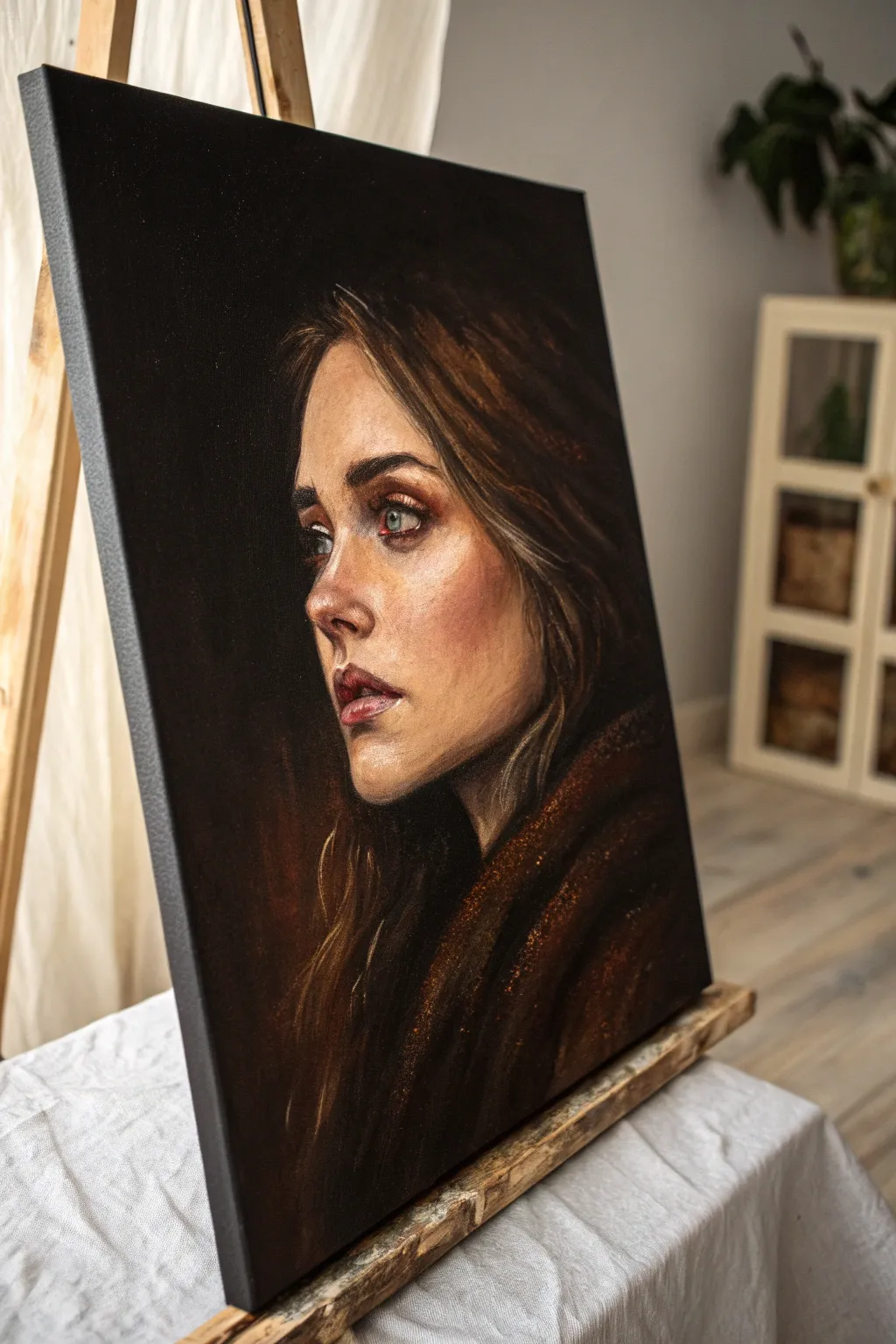 Dramatic acrylic portrait with a luminous face emerging from a deep dark background, high contrast