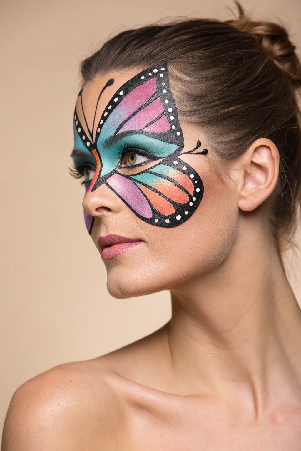 Festival butterfly mask face paint with shimmering wings flowing from eyes down the neck