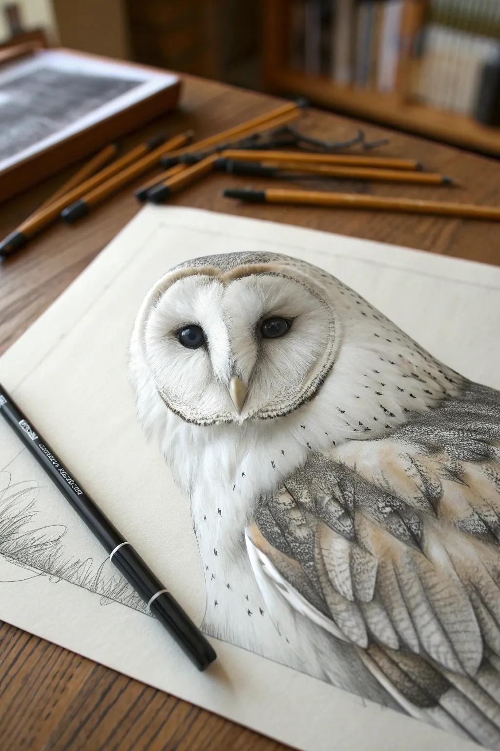 Fur-to-feather rendering challenge: practice layered strokes, direction changes, and crisp contrast.