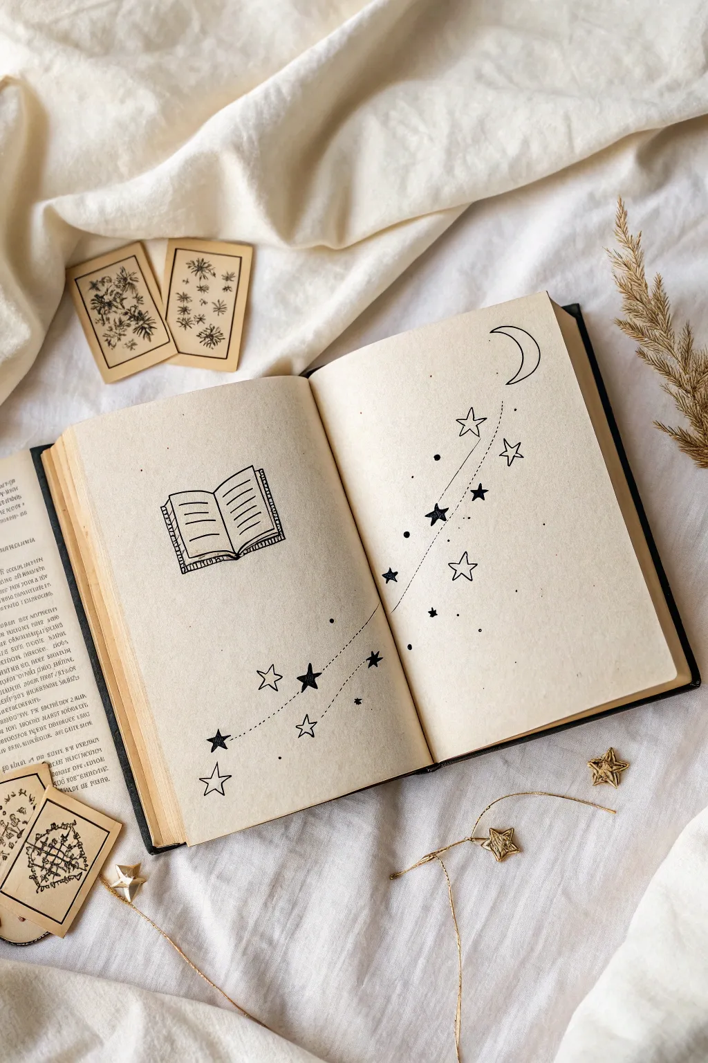 Sketch an open book as stars and blank notes rise like constellations from its pages