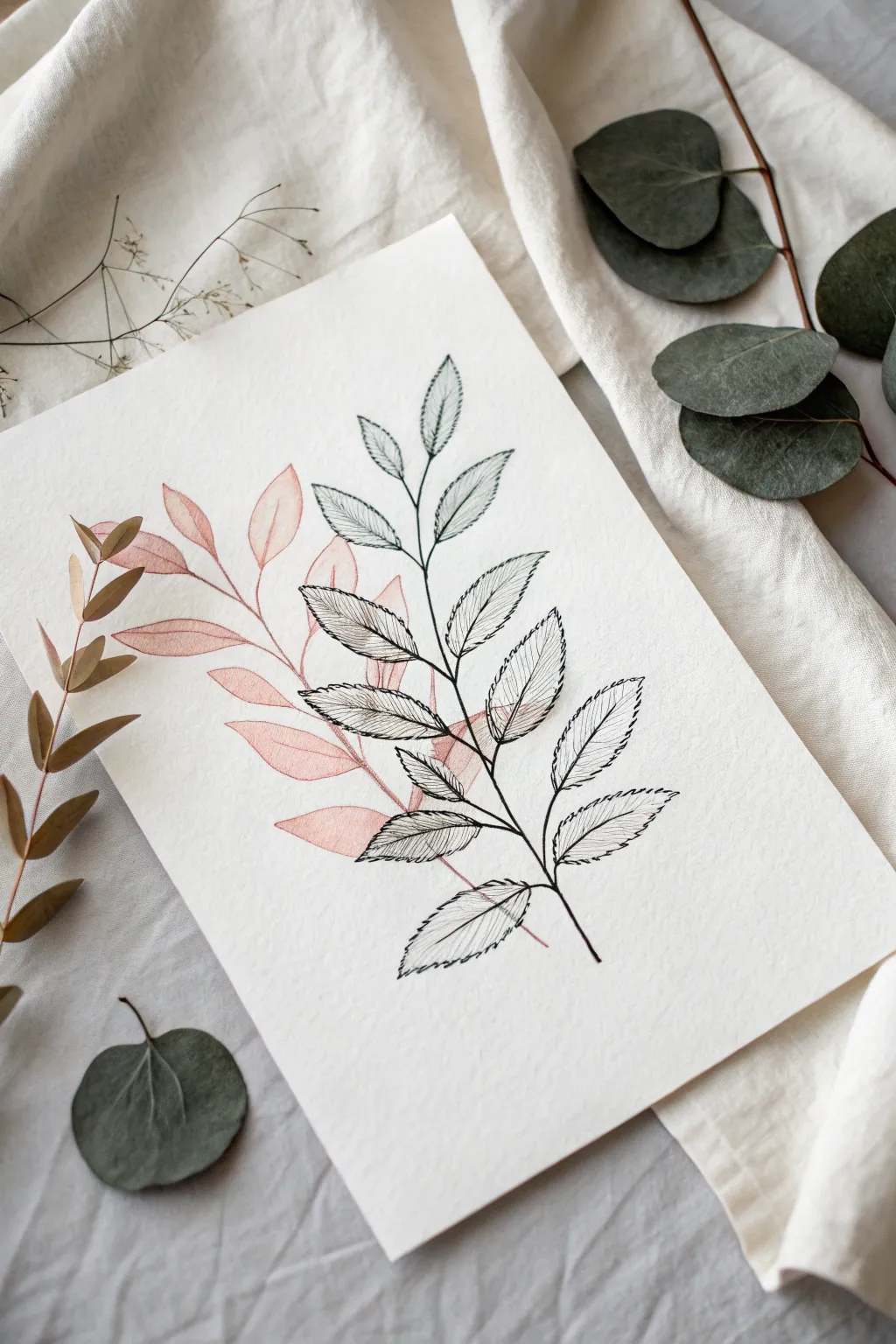 Crisp leaf line art over soft watercolor blobs for a modern, boho minimalist color sketch.