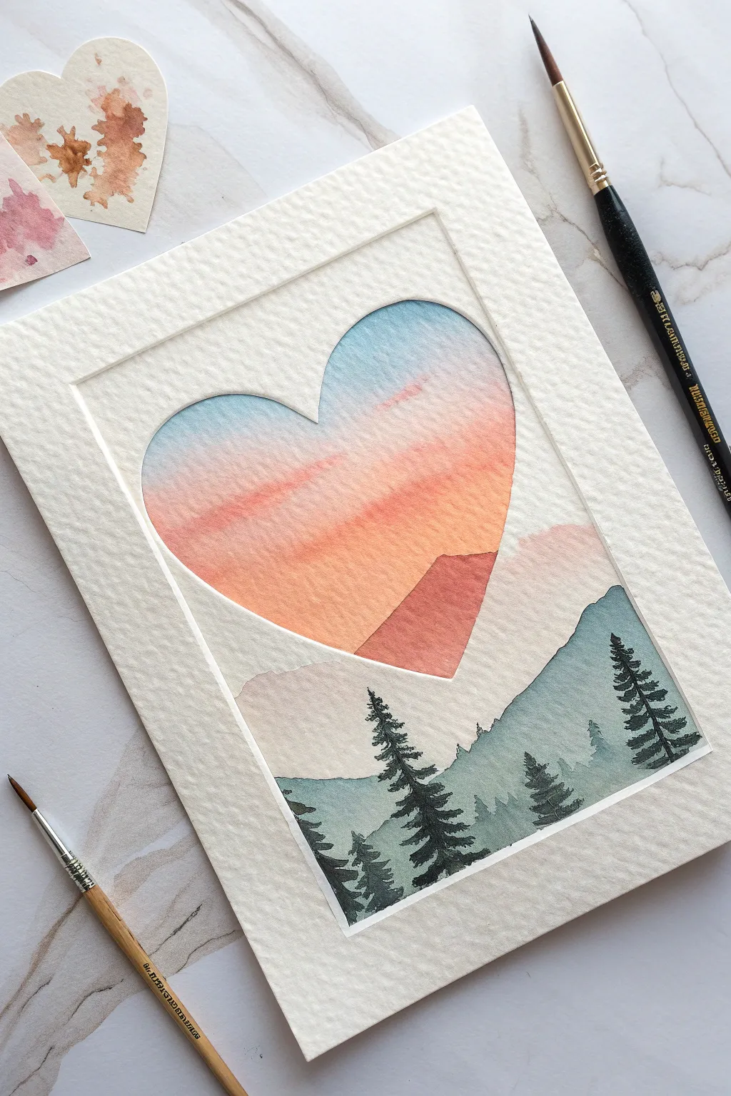 A minimalist heart window opens into a tiny pastel landscape, soft skies and simple silhouettes.