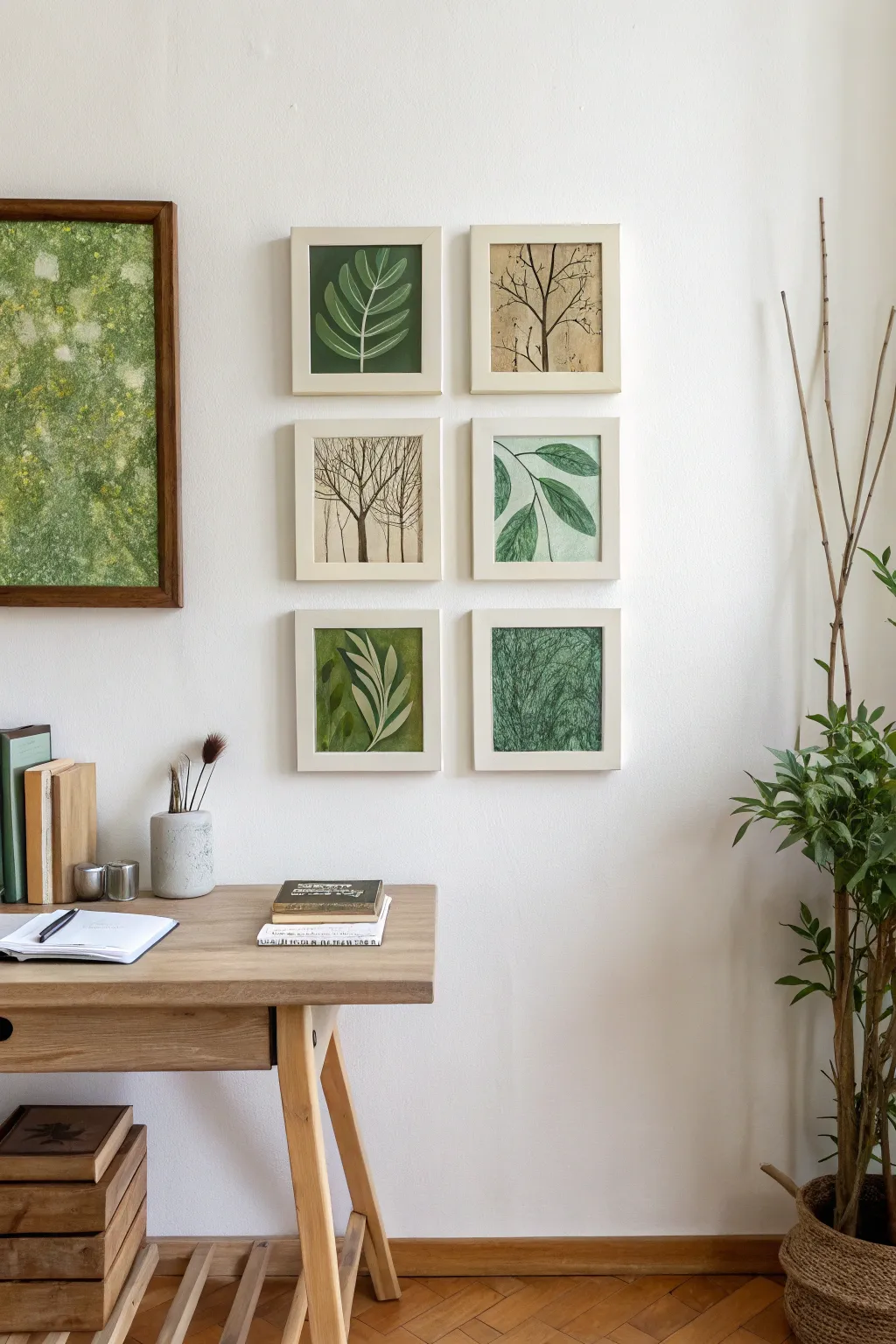 Monochrome mini paintings in soothing greens turn a tiny nook into a curated gallery moment.