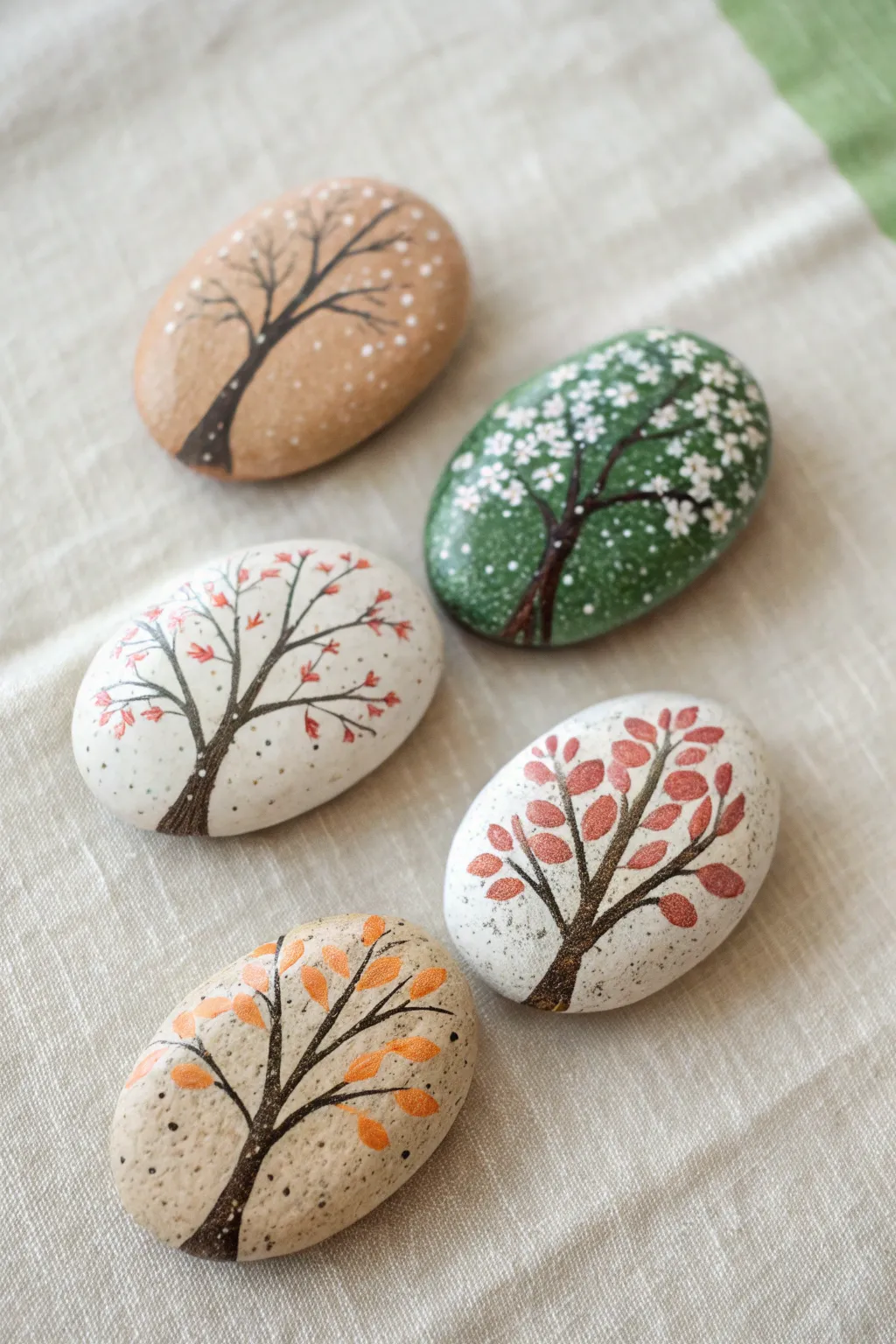 Four-season tree rock set in minimalist boho style, a calming series for aesthetic rock painting.
