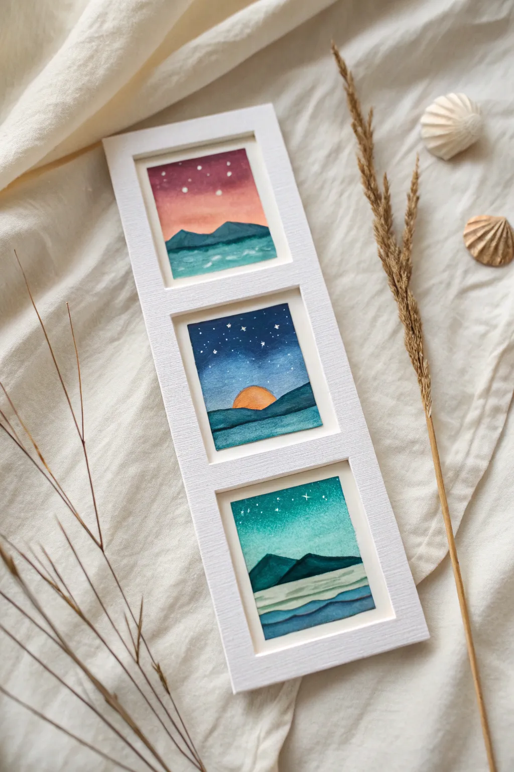 Retro instant-photo frame mini landscapes in watercolor, minimal and boho with crisp contrast
