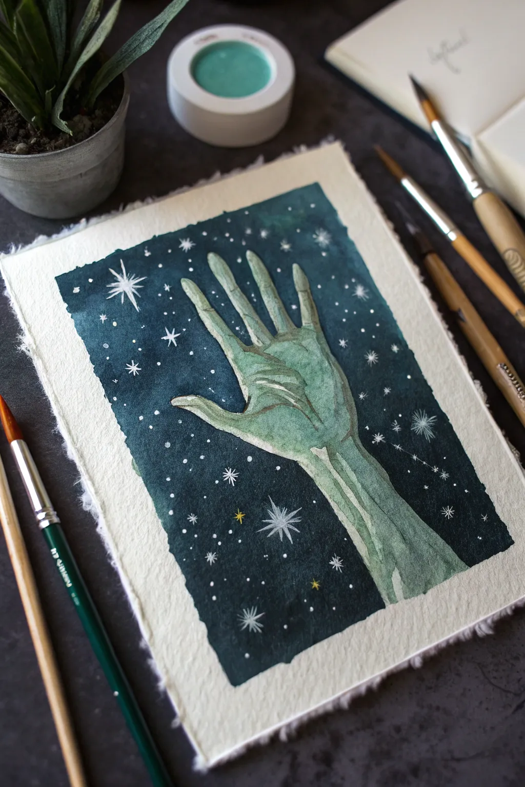 Minimalist alien hand reaching through starlight, perfect for dreamy sci fi watercolor practice.