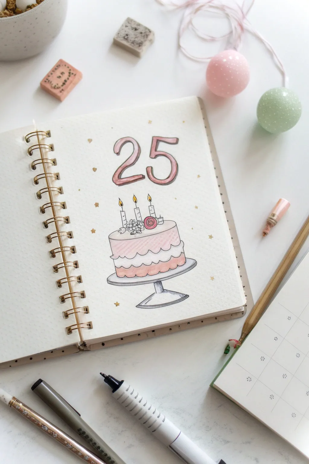 Minimal birthday cake sketch with number candles and tiny doodles for an all about me page