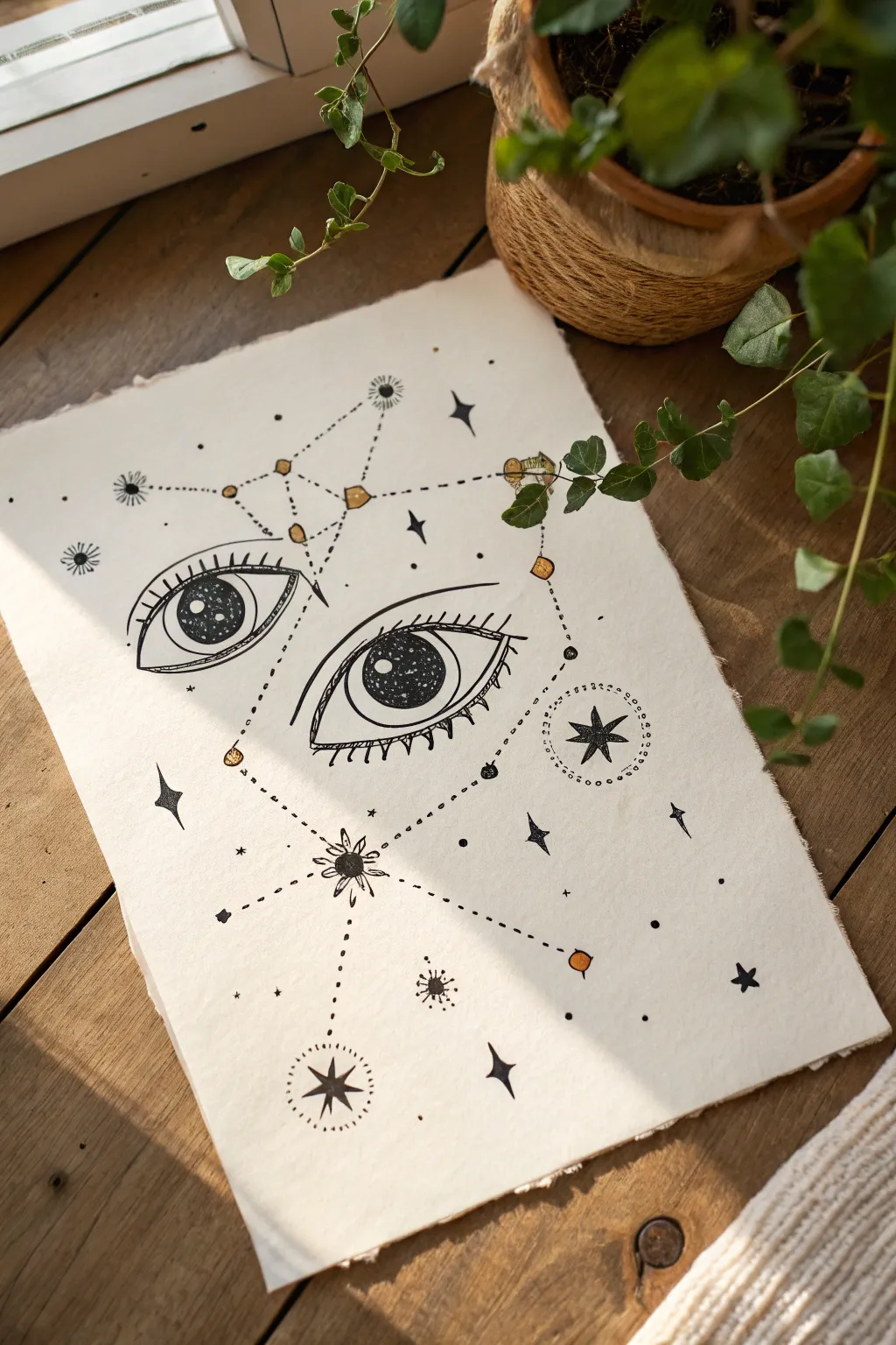 Minimalist ink eye constellations with bright highlights, eerie yet elegant for your sketchbook.