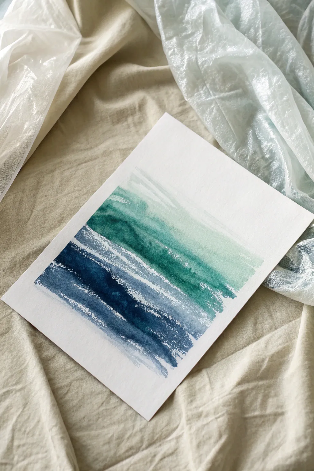 Peel plastic wrap from wet paint and reveal bold, lightning-like wrinkles in a clean minimalist style.