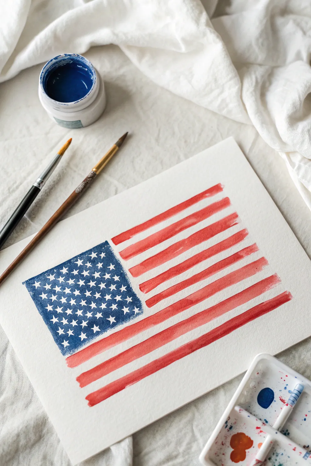 Minimalist American flag with loose gestural stripes and airy white space for a modern look.