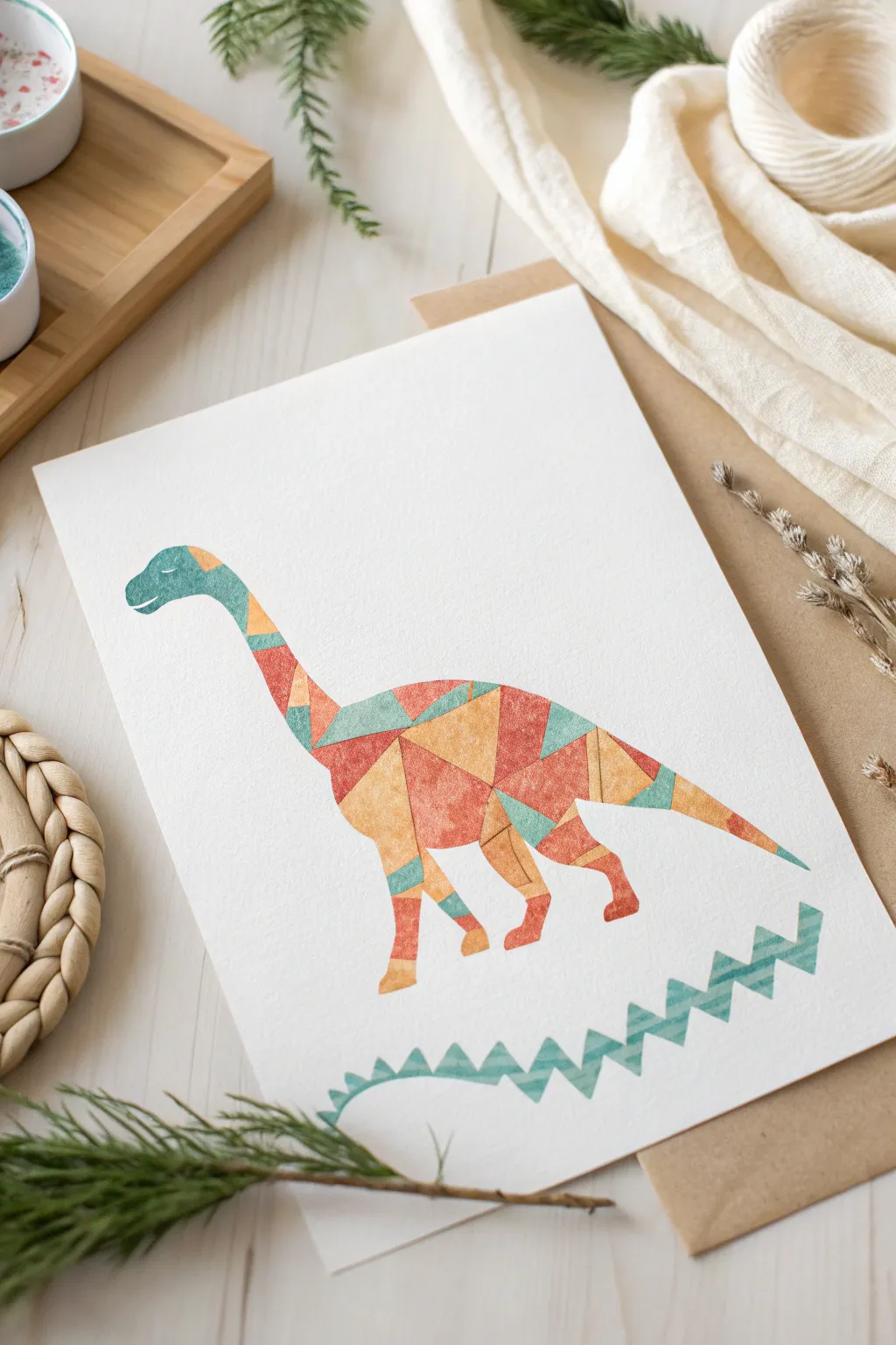 Crisp tape-resist dinosaur silhouette with bright stripes for a simple, boho-minimal art project