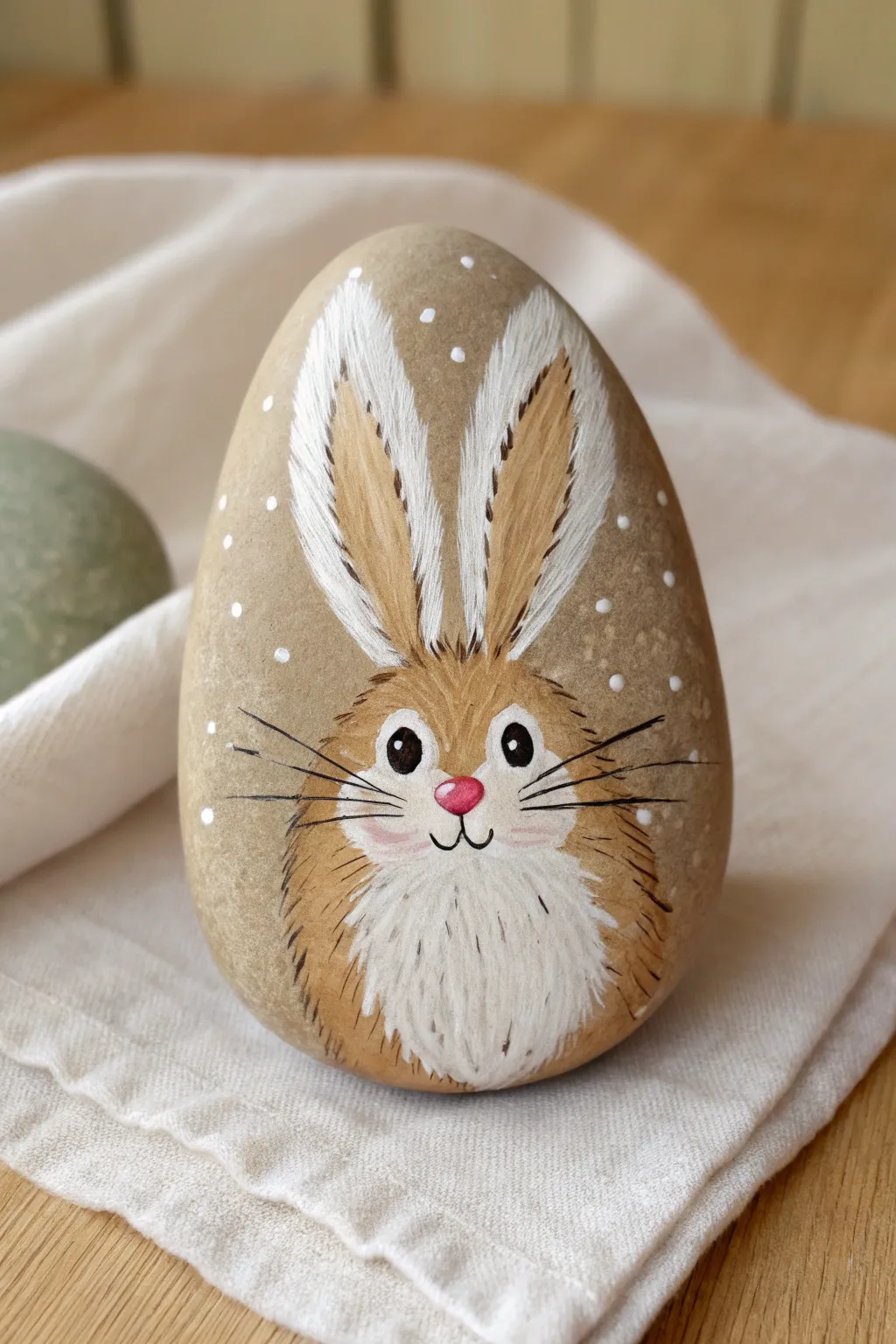 Fluffy long-eared bunny rock with soft brushstrokes and a sweet little floral touch