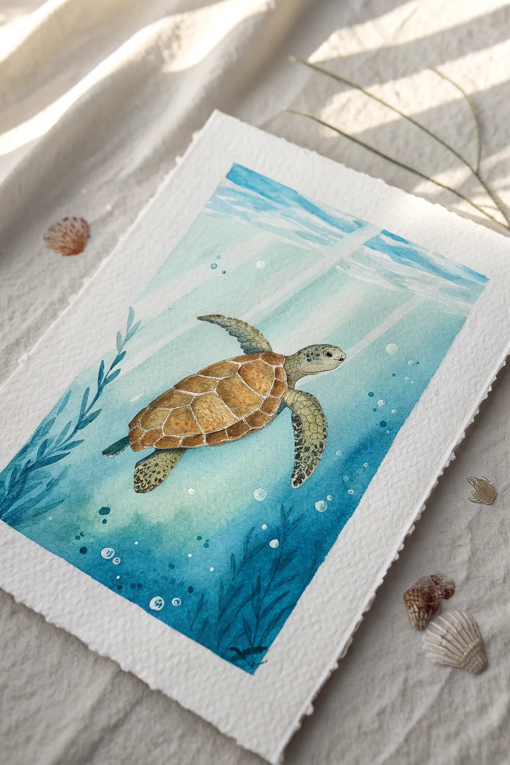 Sea turtle in layered ocean blues, minimalist watercolor with bubbles and soft light ripples