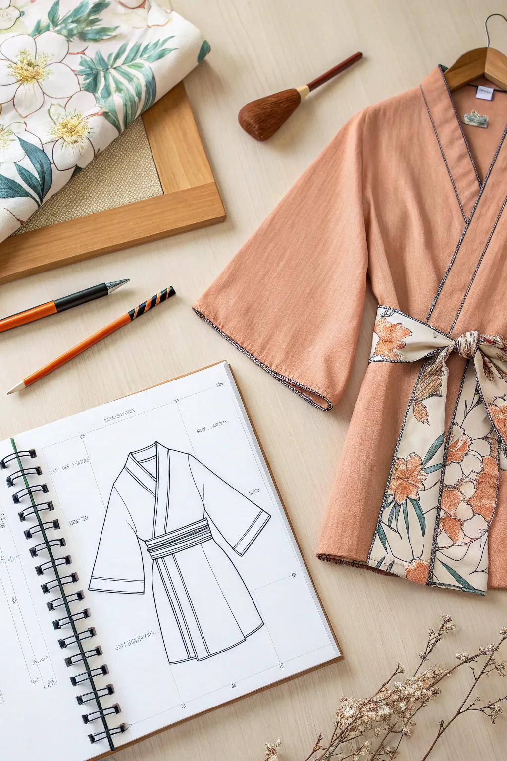 Kimono sleeve and sash outfit sketch with simple folds and a clear sleeve construction flat-lay