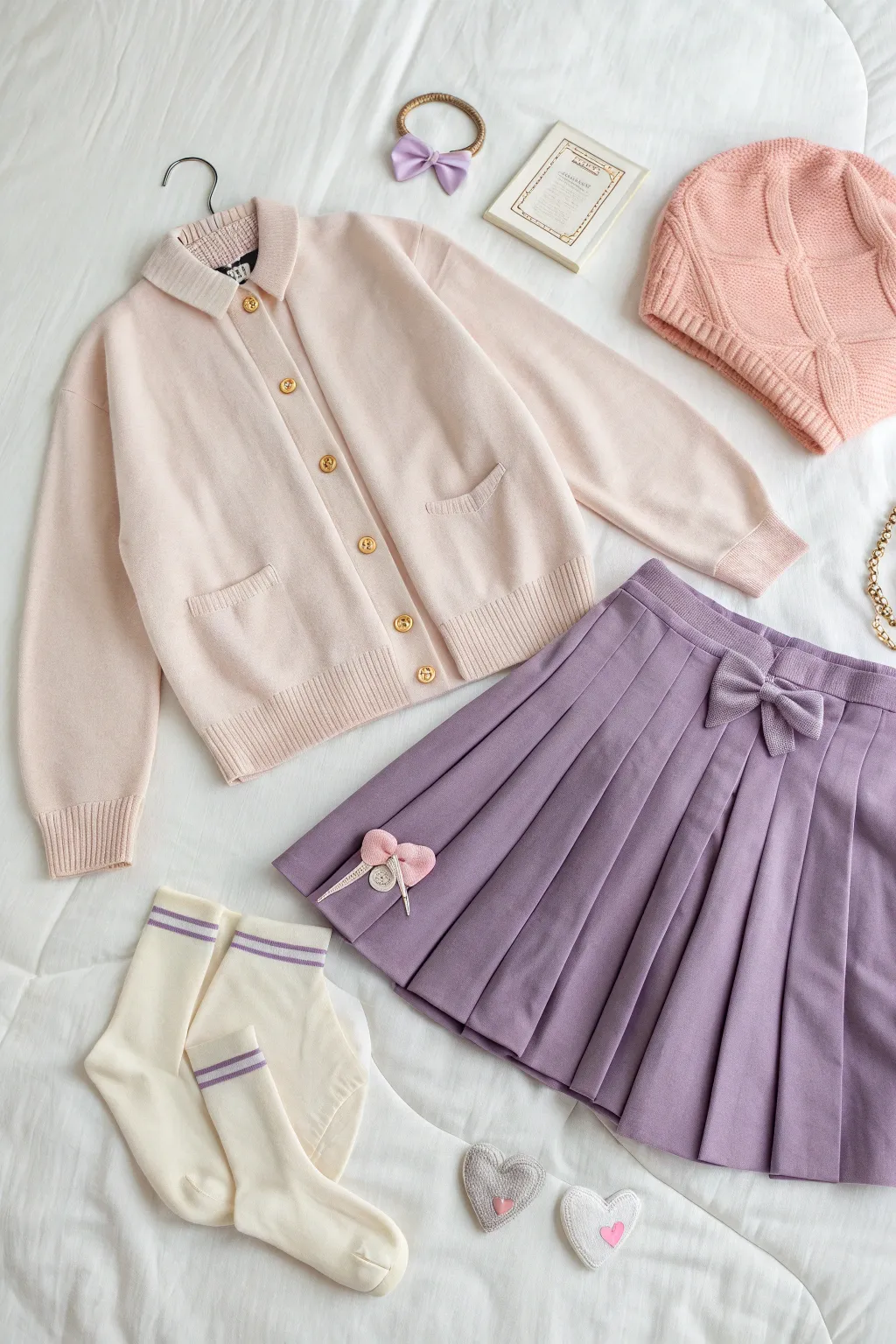 Pastel layering outfit board in soft anime style, minimalist flat-lay with sweet accessories