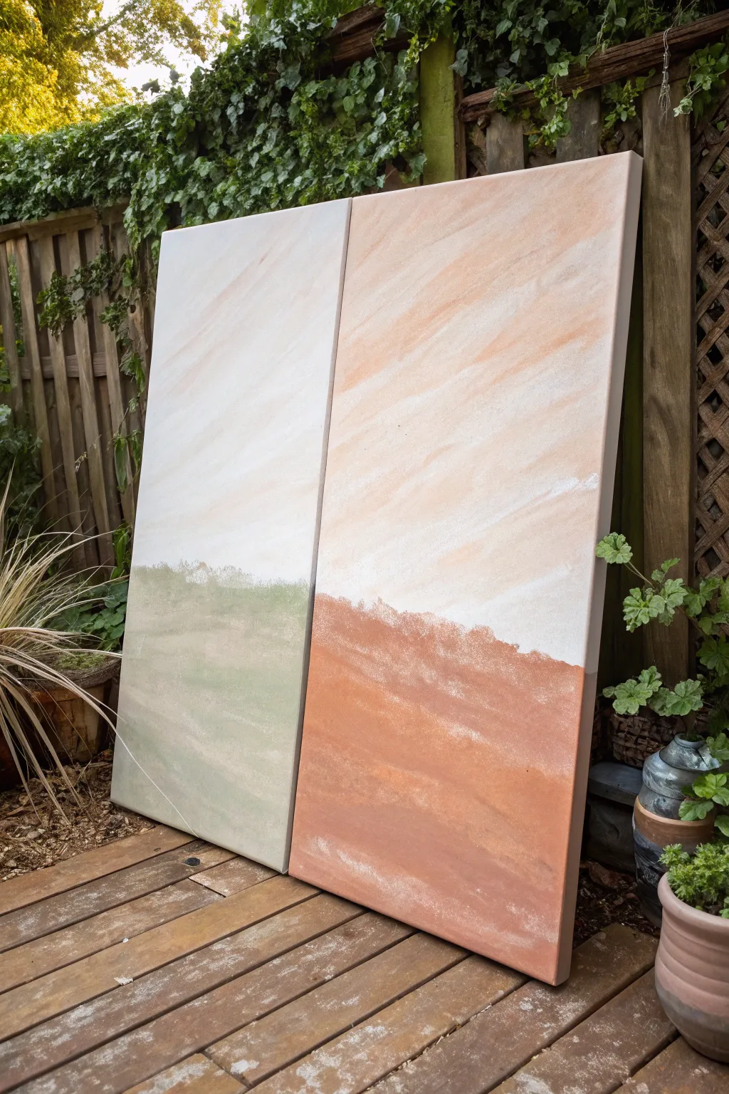 Split canvas anniversary painting: bright early days and rich now, the same couple motif