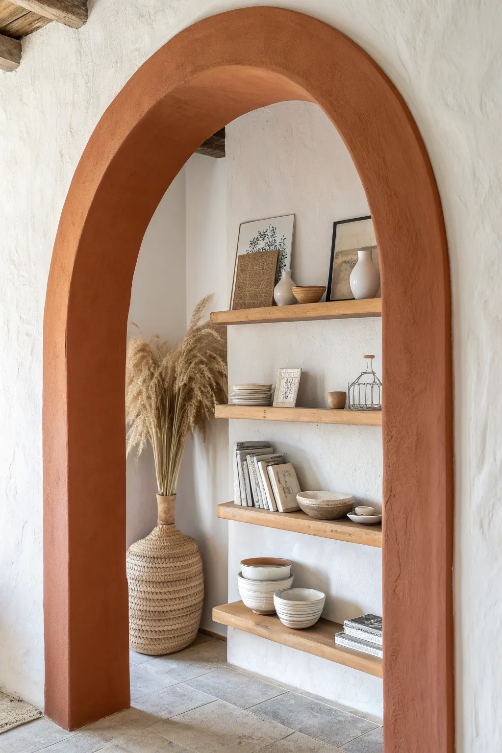 Centered painted arch with floating oak shelves, pottery and greenery in serene minimalist boho style
