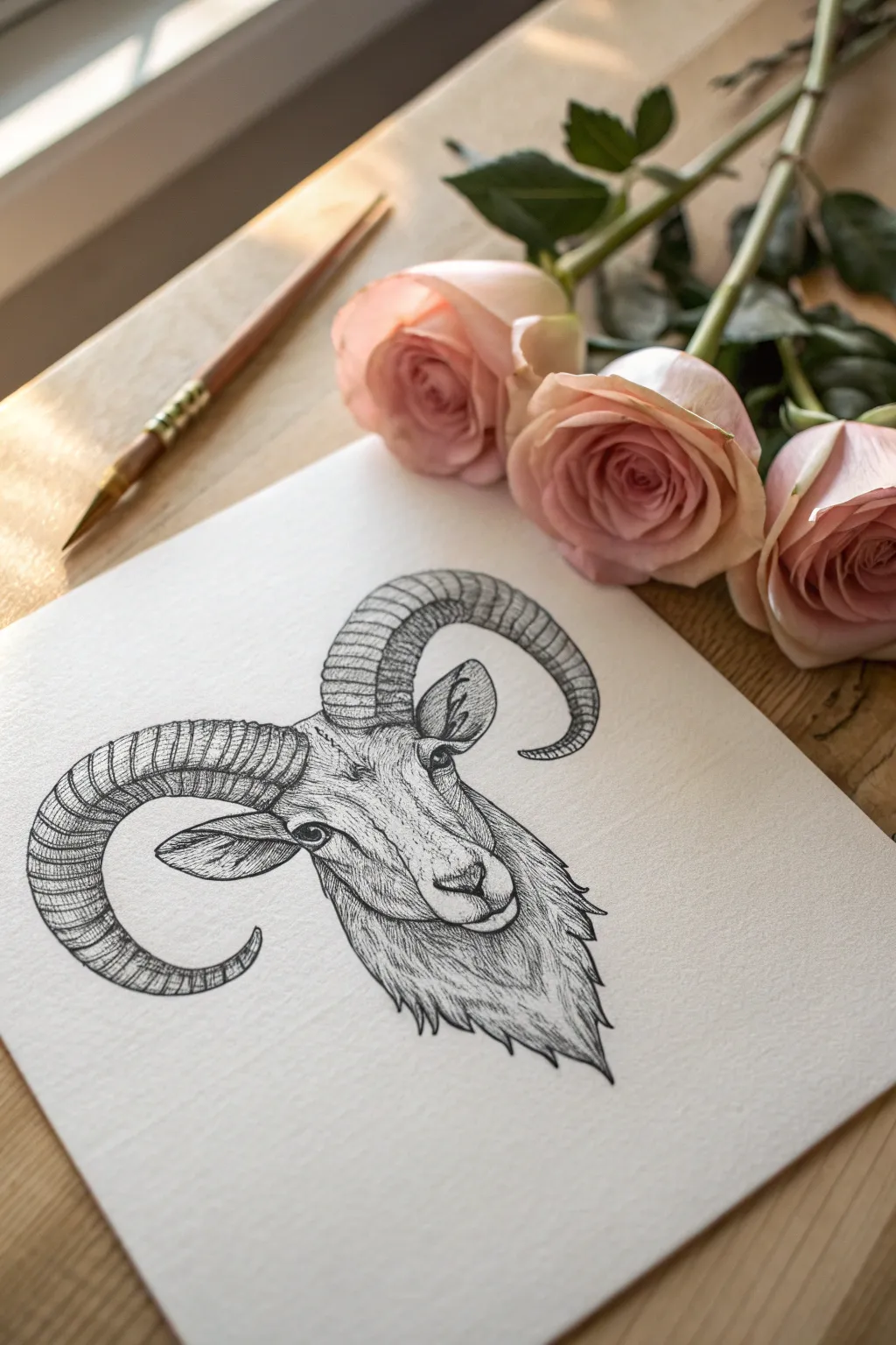 Powerful Aries ram head with blush roses and thorns, minimalist boho line art to draw.