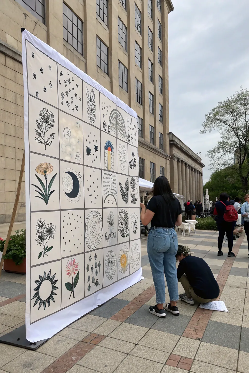 A calming claim-a-square grid where tiny illustrations connect into one unified mural collage