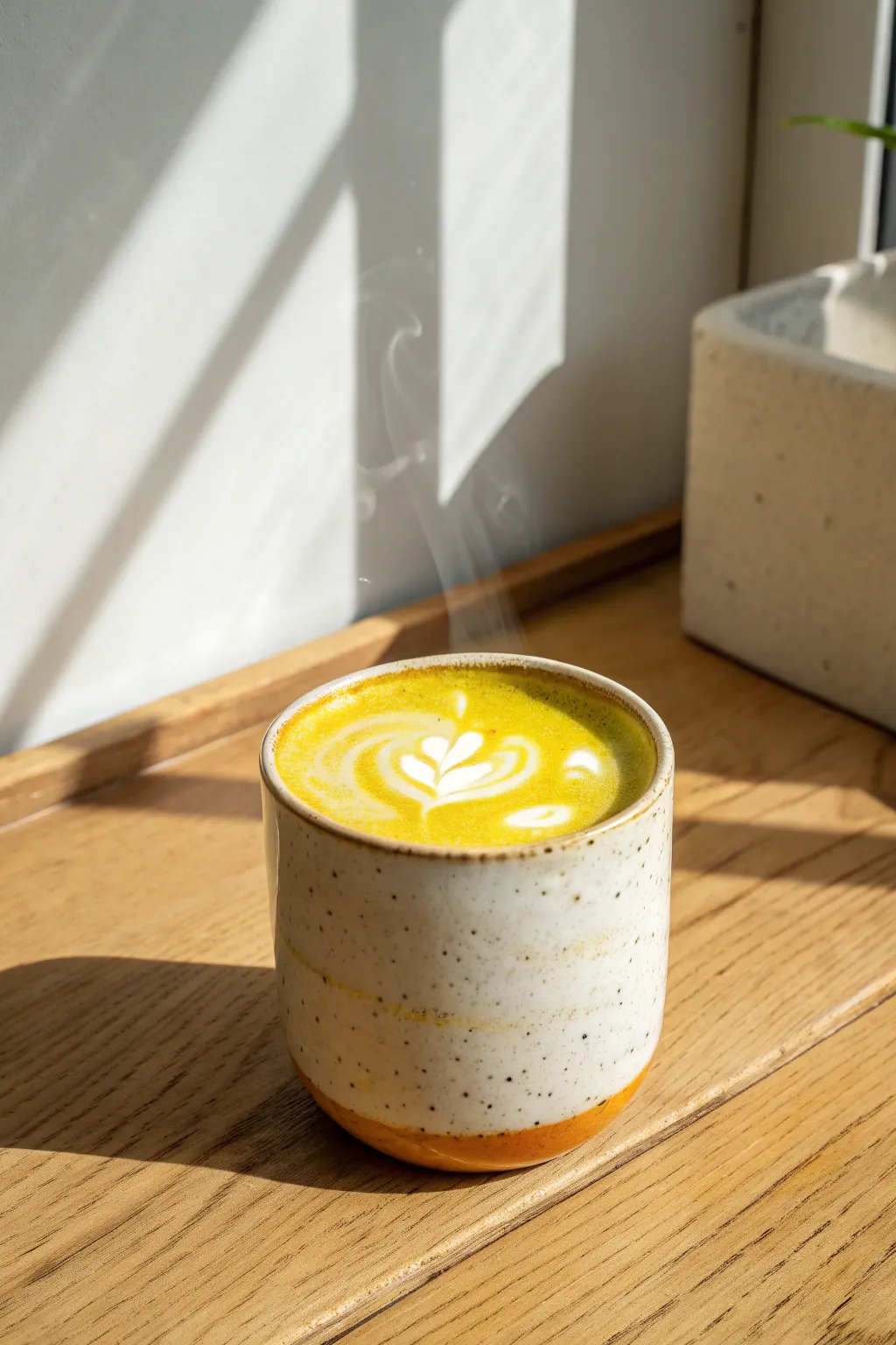 Commission a cozy food still life: a vibrant latte hero shot with steam and handcrafted charm.