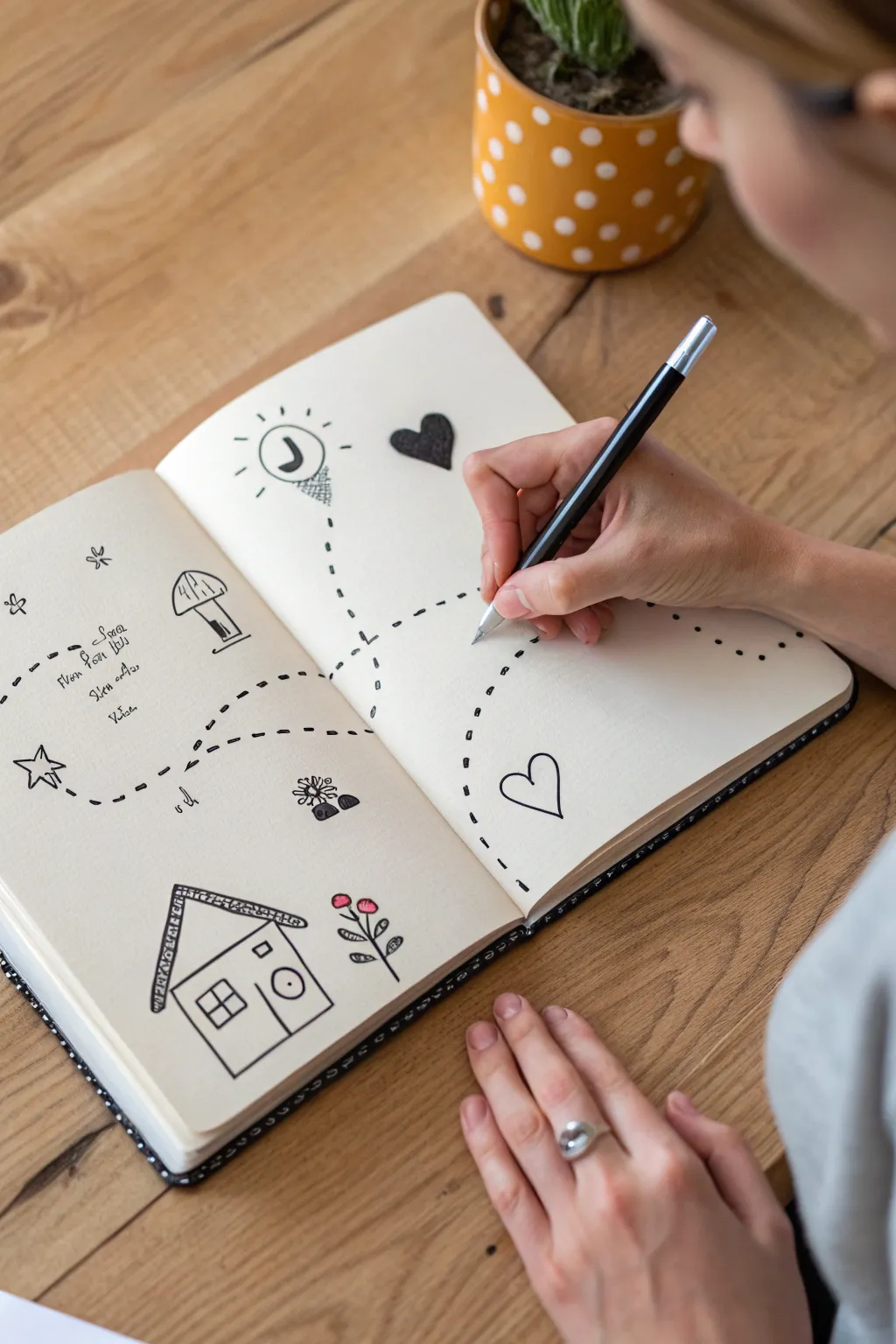 Create a memory map together: minimalist sketchbook art celebrating your shared places at home.