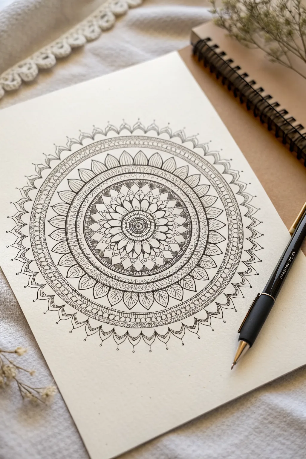 Mandala ring pattern inspiration: clean, centered symmetry with simple mini motifs.