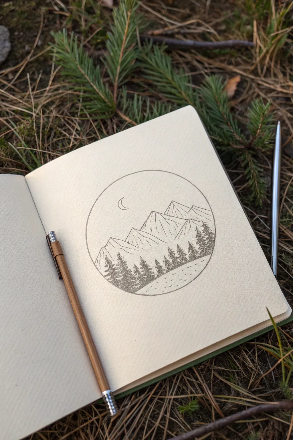 Easy pencil circle landscape: simple mountains, tiny pines, and a soft shaded sky gradient.